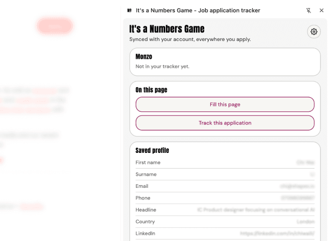 The extension's side panel open beside a job posting, with buttons to fill the page and track the application above your saved profile