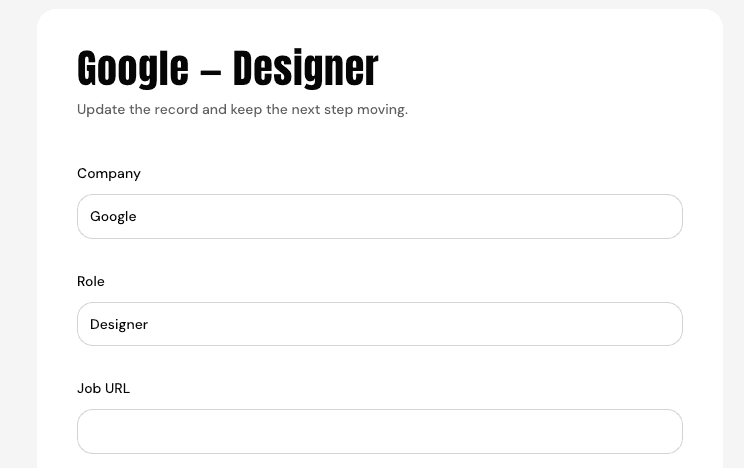 An application form with the company and role already filled in
