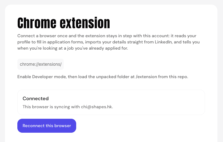 The Chrome extension settings, connected to an account
